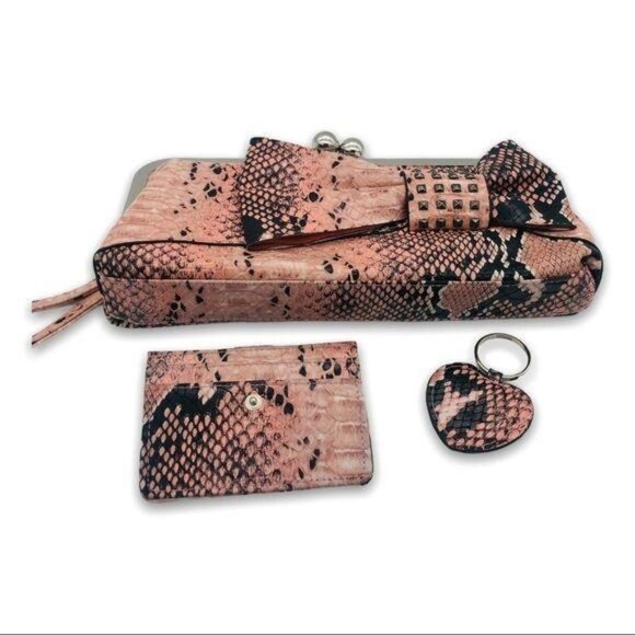 Embossed Snakeskin Faux Leather Clutch Set Pink Card Holder Key Fob Set of 3 - Picture 5 of 13